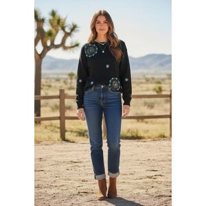 Le Chois Womens Black Turquoise Beaded Southwestern Knit Sweater Size M Vintage